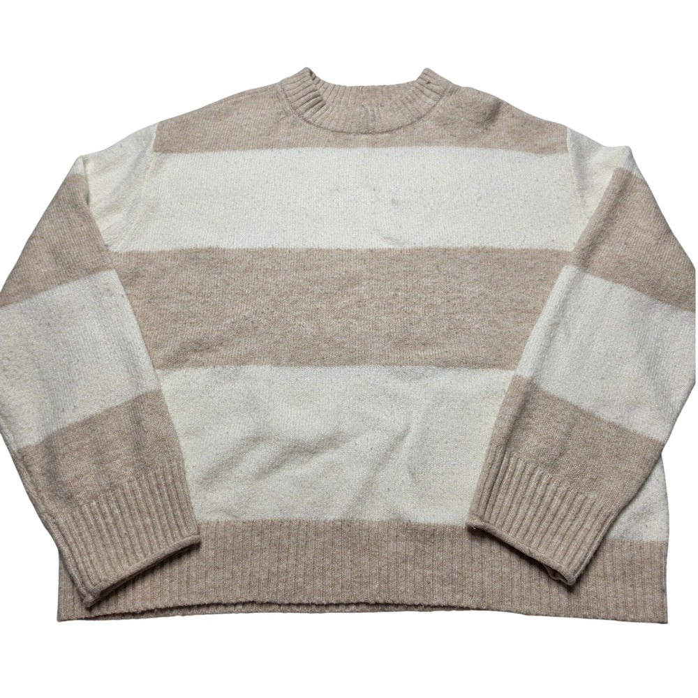 American Eagle Striped Crewneck Sweater Tan Cream Tan Medium Relaxed Pullover